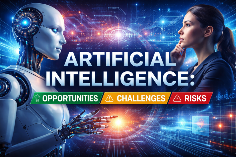 Artificial Intelligence opportunities challenges and risks concept illustration