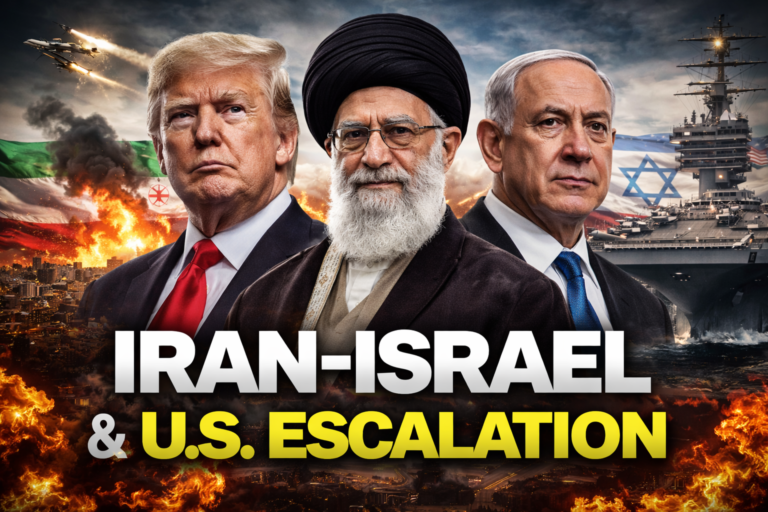 Iran Israel US Escalation 2026 showing Trump, Khamenei and Netanyahu during regional military crisis