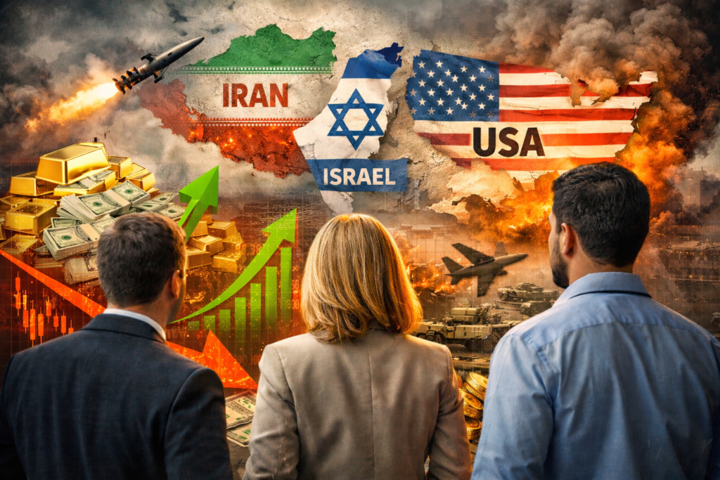 Middle East market volatility impact on global economy, war crisis investment opportunities, oil prices and gold rising during conflict
